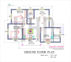 991 Square Feet 2BHK Kerala Low Budget Home Design With Plan