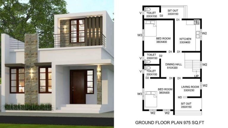 975 Square Feet 2 BHK Contemporary Style Single Floor House and Plan