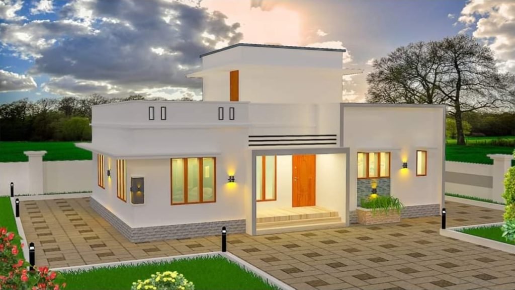 986 Square Feet 2 Bedroom Single Floor Modern Flat Roof House and Plan