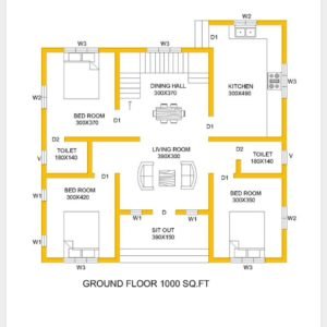 1000 Square Feet 3 Bedroom Single Floor Low Cost House and Plan