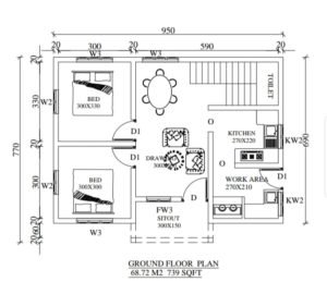739 Sq Ft 2 Bedroom Single Floor Low Budget House and Plan, 10 Lacks