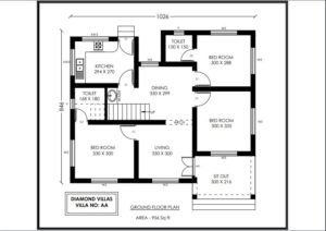 956 Sq Ft 3BHK Contemporary Style Single-Storey House and Free Plan