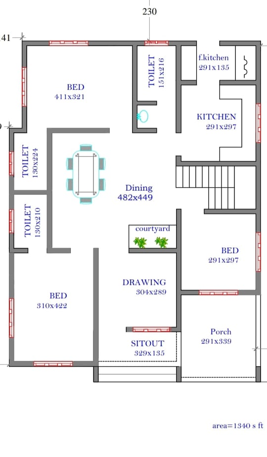1340 Sq Ft 3BHK Contemporary Style Single-Storey House and Free Plan
