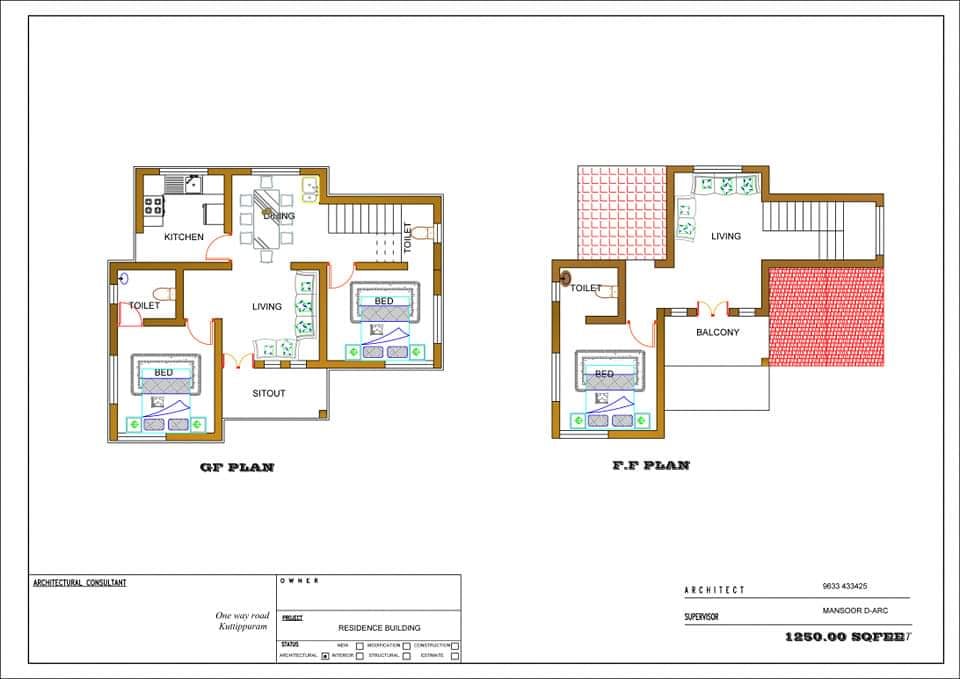 1250 Sq Ft 3BHK Contemporary Style Two-Storey House and Free Plan
