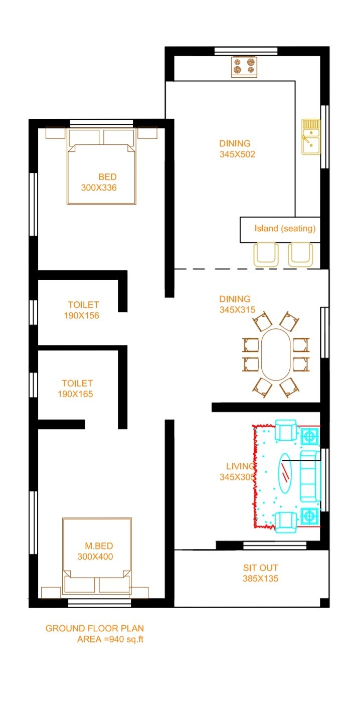 940 Sq Ft 2BHK Modern Single Floor House and Free Plan