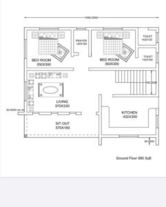 990 Sq Ft 2BHK Contemporary Style Single Floor House free plan