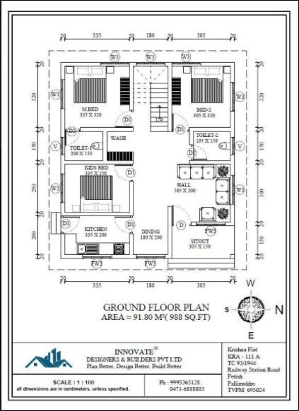 988 Sq Ft 3BHK Traditional Style Single Floor House and Free Plan
