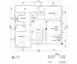 1284 Sq Ft 2BHK Contemporary Style Single-Storey House and Free Plan