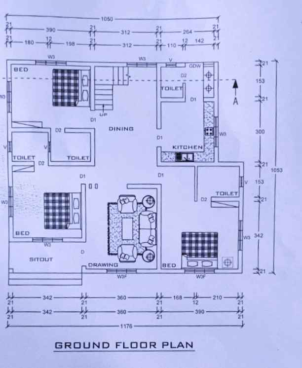 1555 Sq Ft 3BHK Contemporary Style Single Floor House and Free Plan