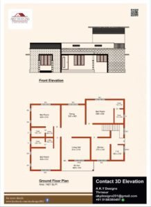 1421 Sq Ft 3BHK Contemporary Style Single Floor Home and Free Plan