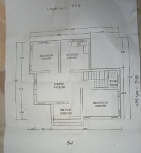 Detailed ground floor plan of a 10 lakh budget home designed by Budget Homes, featuring a 270 x 128 c meter sit-out, a 435 x 290 meter dining hall, a 270 x 280 meter bedroom, a 120 x 160 meter common toilet beneath a modern GS staircase, and a functional kitchen with a glass door. Consequently, this layout maximizes space and light for affordable, stylish living.