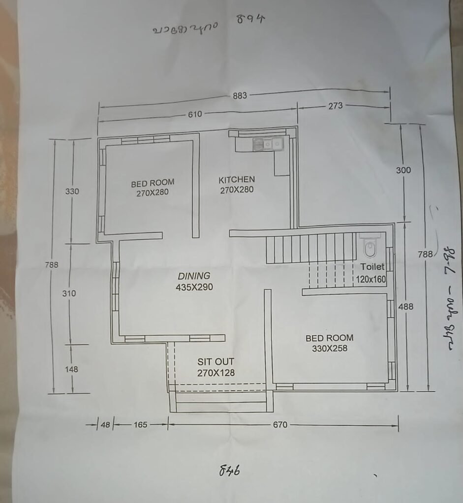 Detailed ground floor plan of a 10 lakh budget home designed by Budget Homes, featuring a 270 x 128 c meter sit-out, a 435 x 290 meter dining hall, a 270 x 280 meter bedroom, a 120 x 160 meter common toilet beneath a modern GS staircase, and a functional kitchen with a glass door. Consequently, this layout maximizes space and light for affordable, stylish living.