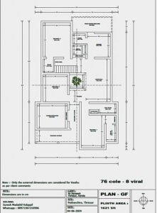 Floor plan sketch of Ravindram, a 1800 sq. ft. modern house in Puthenchira, Thrissur, showcasing a layout with a formal living room, dining hall, open kitchen, three bedrooms with attached bathrooms, a courtyard, pooja room, study area, and staircase, designed with steel doors and windows, wooden tiles, and granite accents