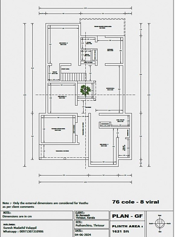 Floor plan sketch of Ravindram, a 1800 sq. ft. modern house in Puthenchira, Thrissur, showcasing a layout with a formal living room, dining hall, open kitchen, three bedrooms with attached bathrooms, a courtyard, pooja room, study area, and staircase, designed with steel doors and windows, wooden tiles, and granite accents