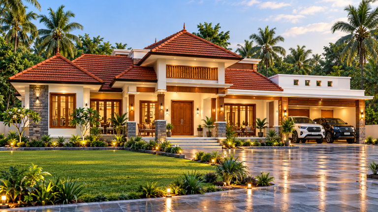 Traditional Kerala Style House Plan with Master Suite, Spacious Living Area and Garage